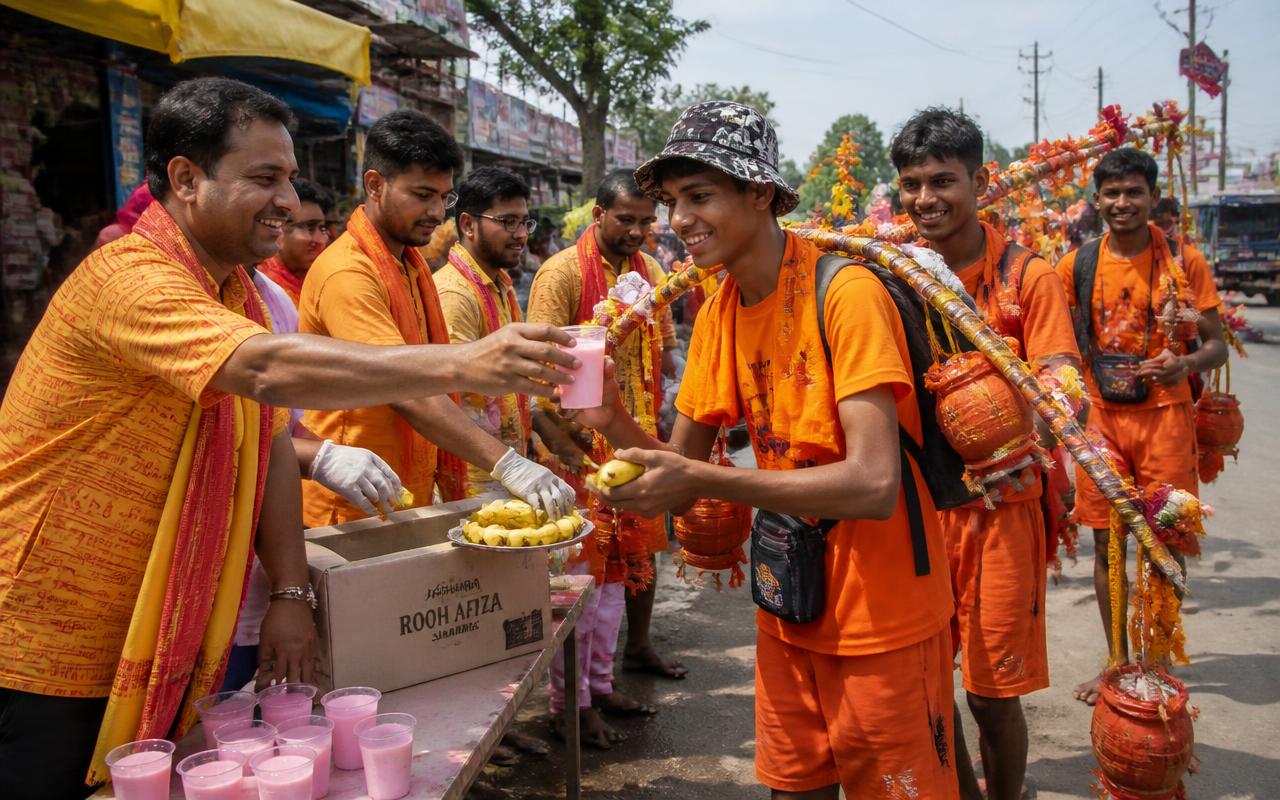 Volunteers serving sharbat and bananas to Kanwariya Shiv devotees during Sawan